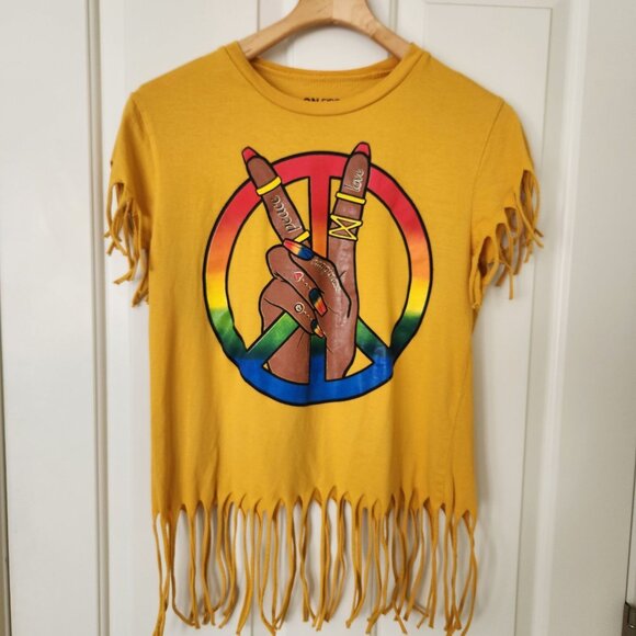 On Fire Tops - Hippie Girl Fringe Peace Sign Rainbow Graphic T-Shirt Yellow Boho Festival Cute